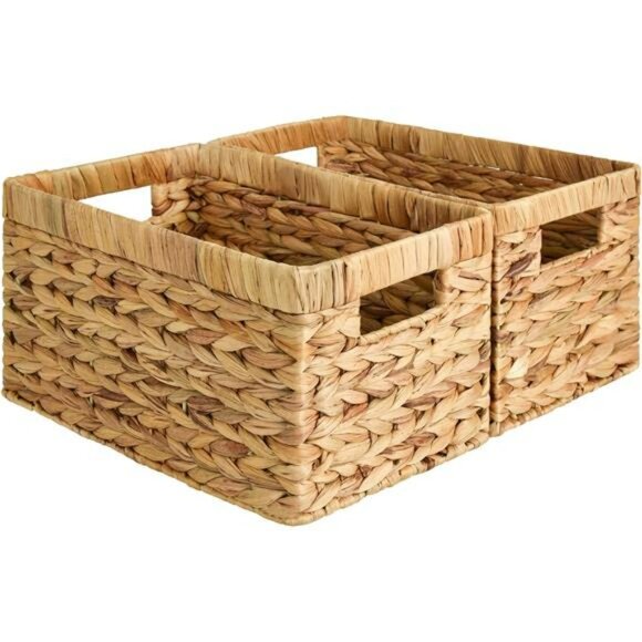 Water Hyacinth Wicker Storage Baskets Set of 2 Natural Organizer Bins - Picture 1 of 7